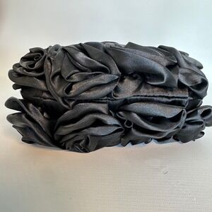 Black Satin‎ Rose Evening Bag Silver Handle Kiss Lock Closure Purse
